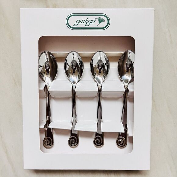 Set /4 GINKGO Ammonite Demitasse Spoons Stainless 18/10 Spiral Tip Glossy - Picture 1 of 8